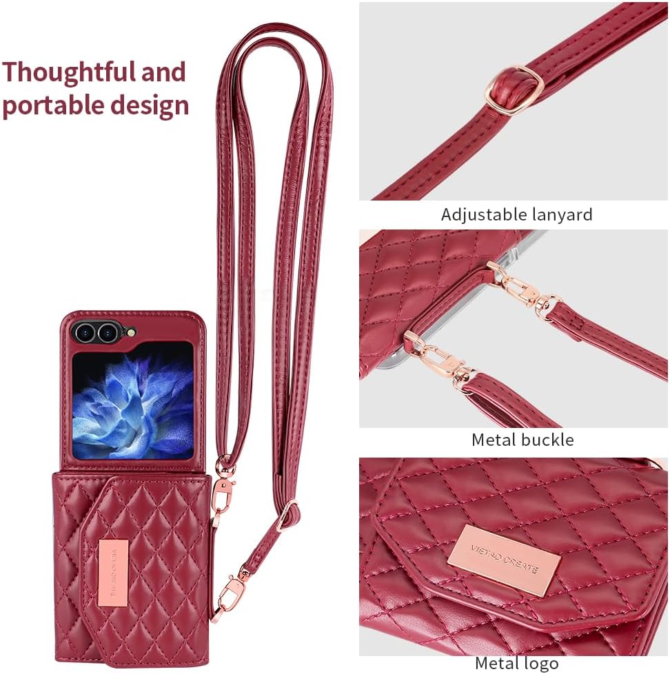 Samsung Galaxy Z Flip 7/6/5 Wallet Case with Built-in Leather Cash Slot and Credit Card Holder, Adjustable Crossbody Strap, Hinge Protection for Women Ladies - Image 5