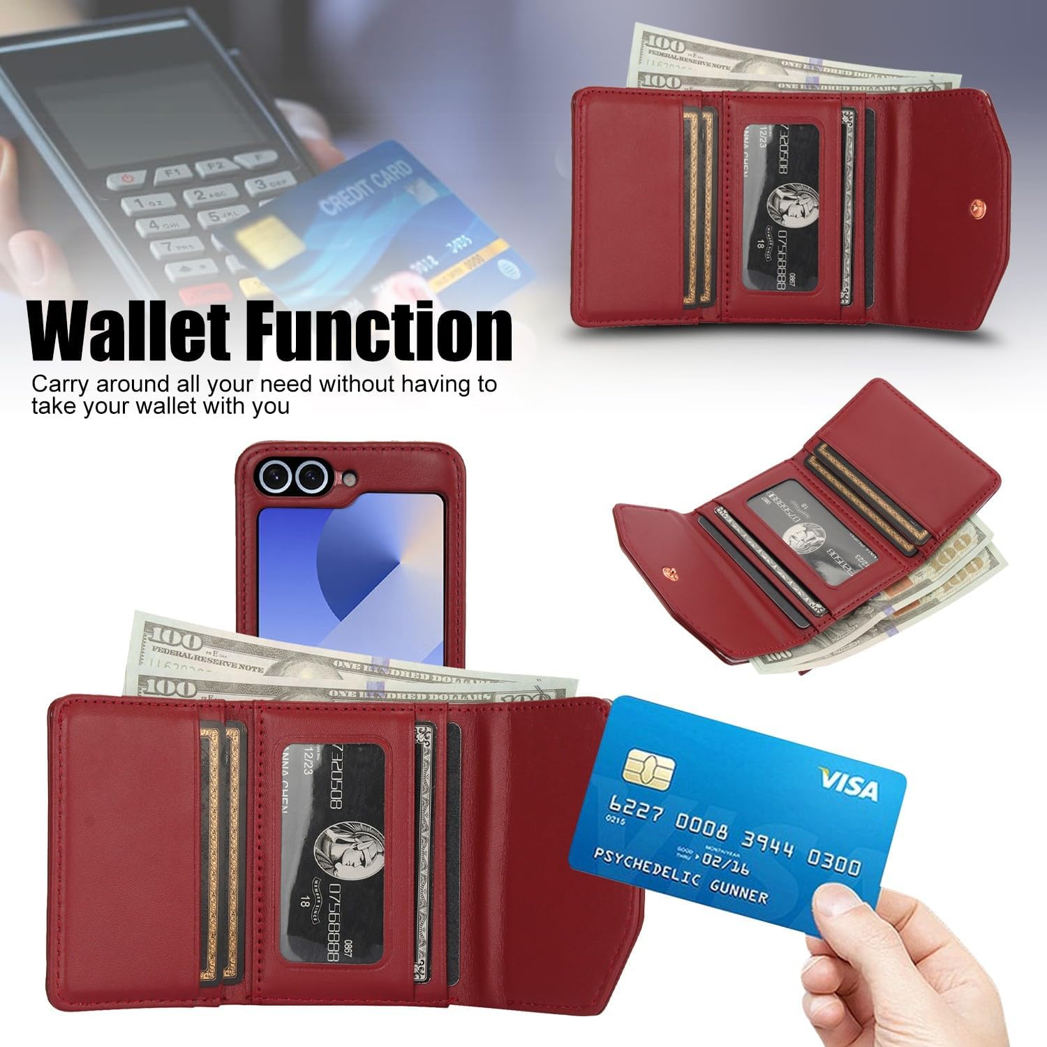 Samsung Galaxy Z Flip 7/6/5 Wallet Case with Built-in Leather Cash Slot and Credit Card Holder, Adjustable Crossbody Strap, Hinge Protection for Women Ladies - Image 2