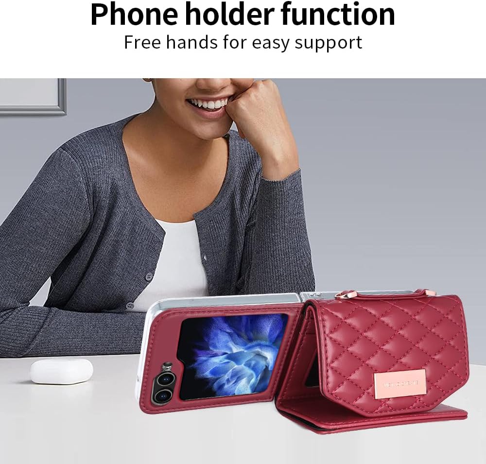 Samsung Galaxy Z Flip 7/6/5 Wallet Case with Built-in Leather Cash Slot and Credit Card Holder, Adjustable Crossbody Strap, Hinge Protection for Women Ladies - Image 9