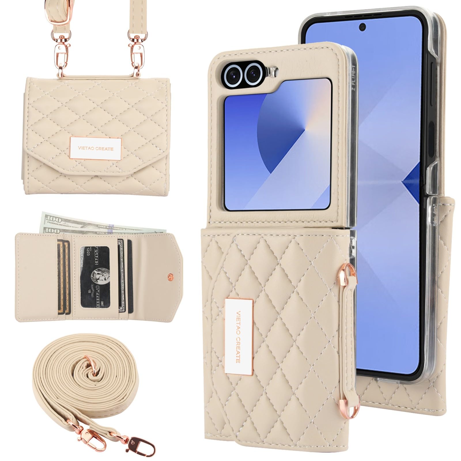 Samsung Galaxy Z Flip 7/6/5 Wallet Case with Built-in Leather Cash Slot and Credit Card Holder, Adjustable Crossbody Strap, Hinge Protection for Women Ladies - Image 14