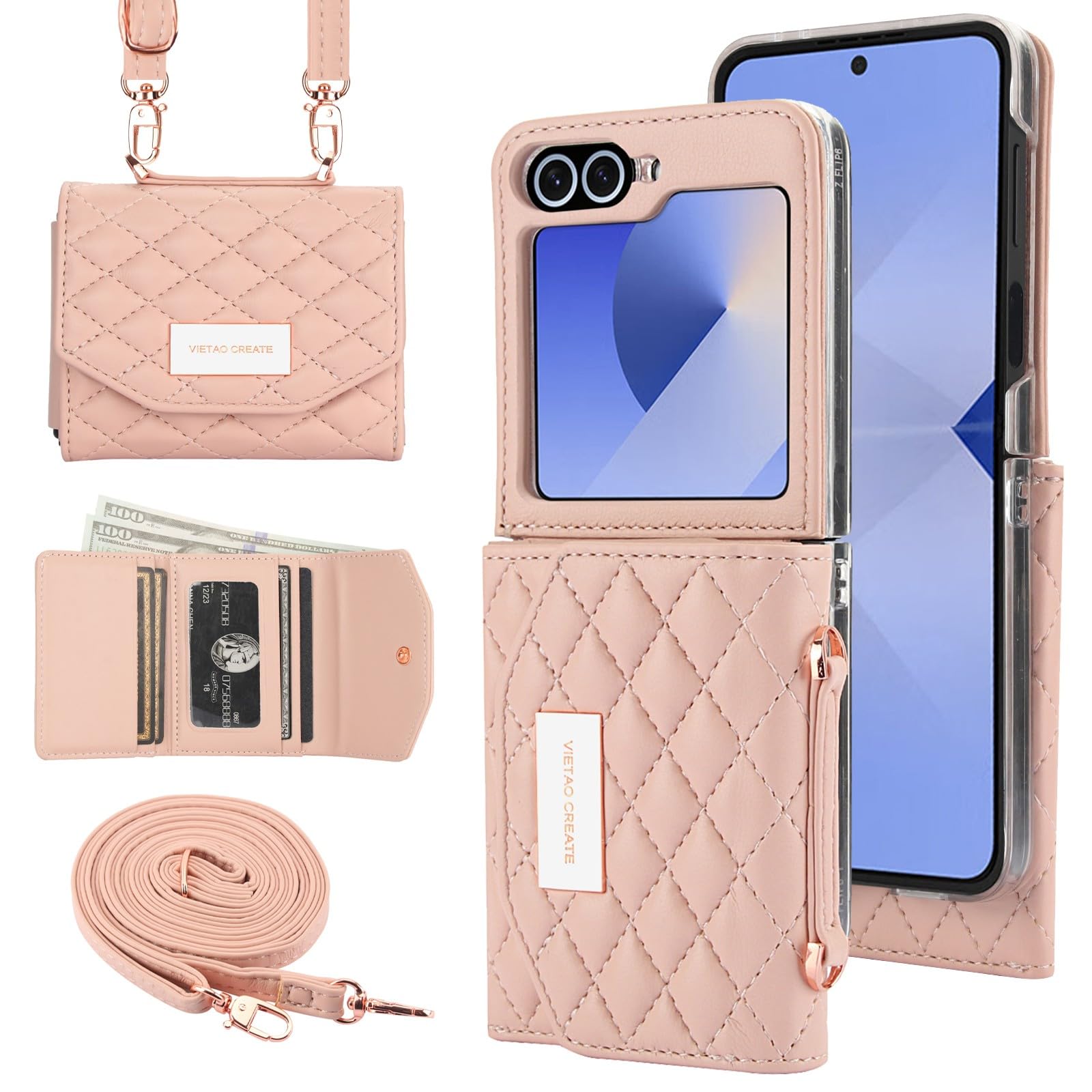 Samsung Galaxy Z Flip 7/6/5 Wallet Case with Built-in Leather Cash Slot and Credit Card Holder, Adjustable Crossbody Strap, Hinge Protection for Women Ladies - Image 11