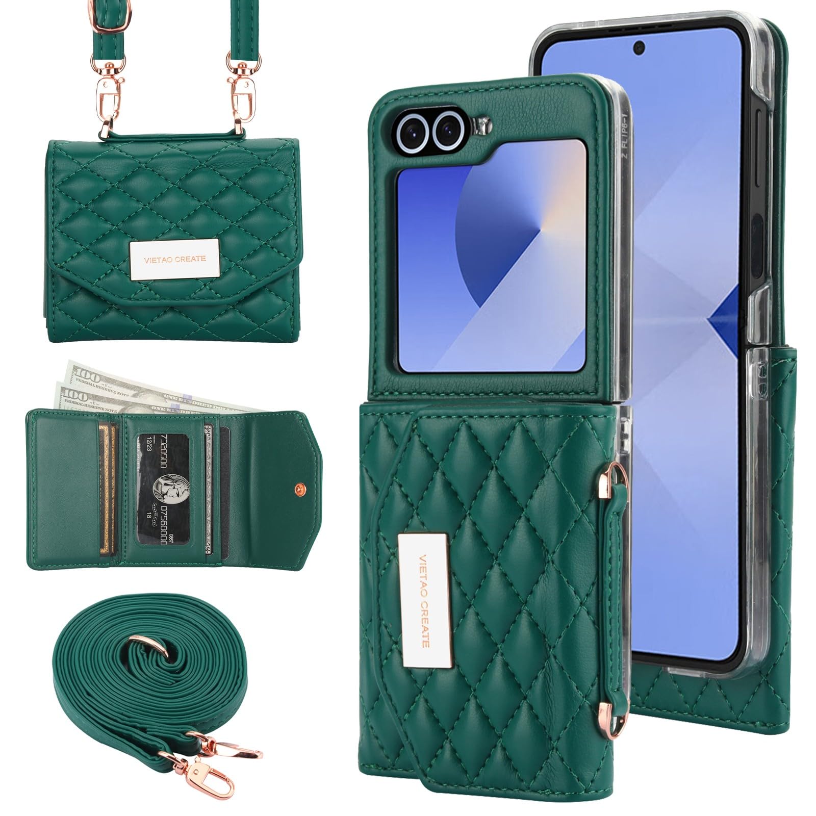 Samsung Galaxy Z Flip 7/6/5 Wallet Case with Built-in Leather Cash Slot and Credit Card Holder, Adjustable Crossbody Strap, Hinge Protection for Women Ladies - Image 15