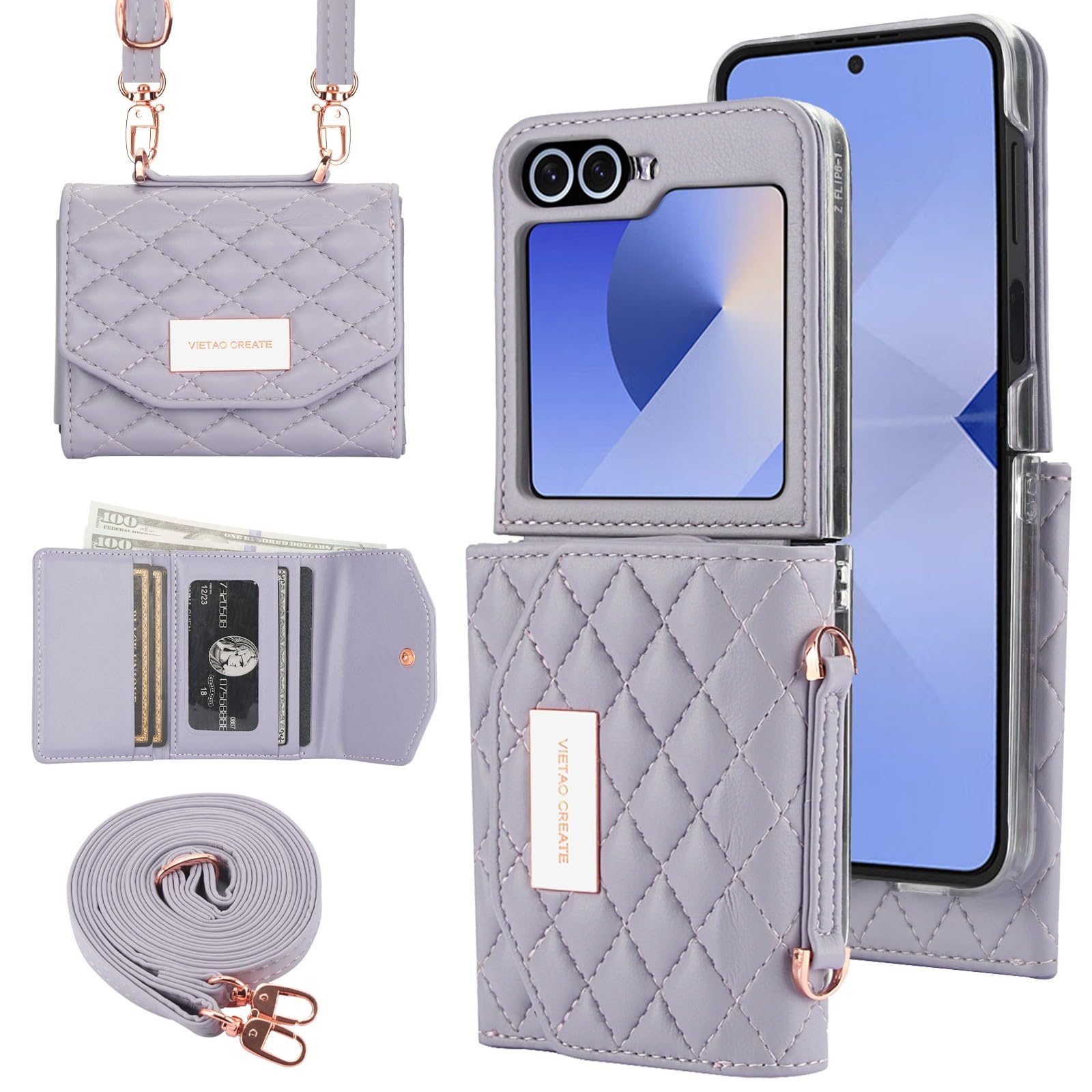 Samsung Galaxy Z Flip 7/6/5 Wallet Case with Built-in Leather Cash Slot and Credit Card Holder, Adjustable Crossbody Strap, Hinge Protection for Women Ladies - Image 10