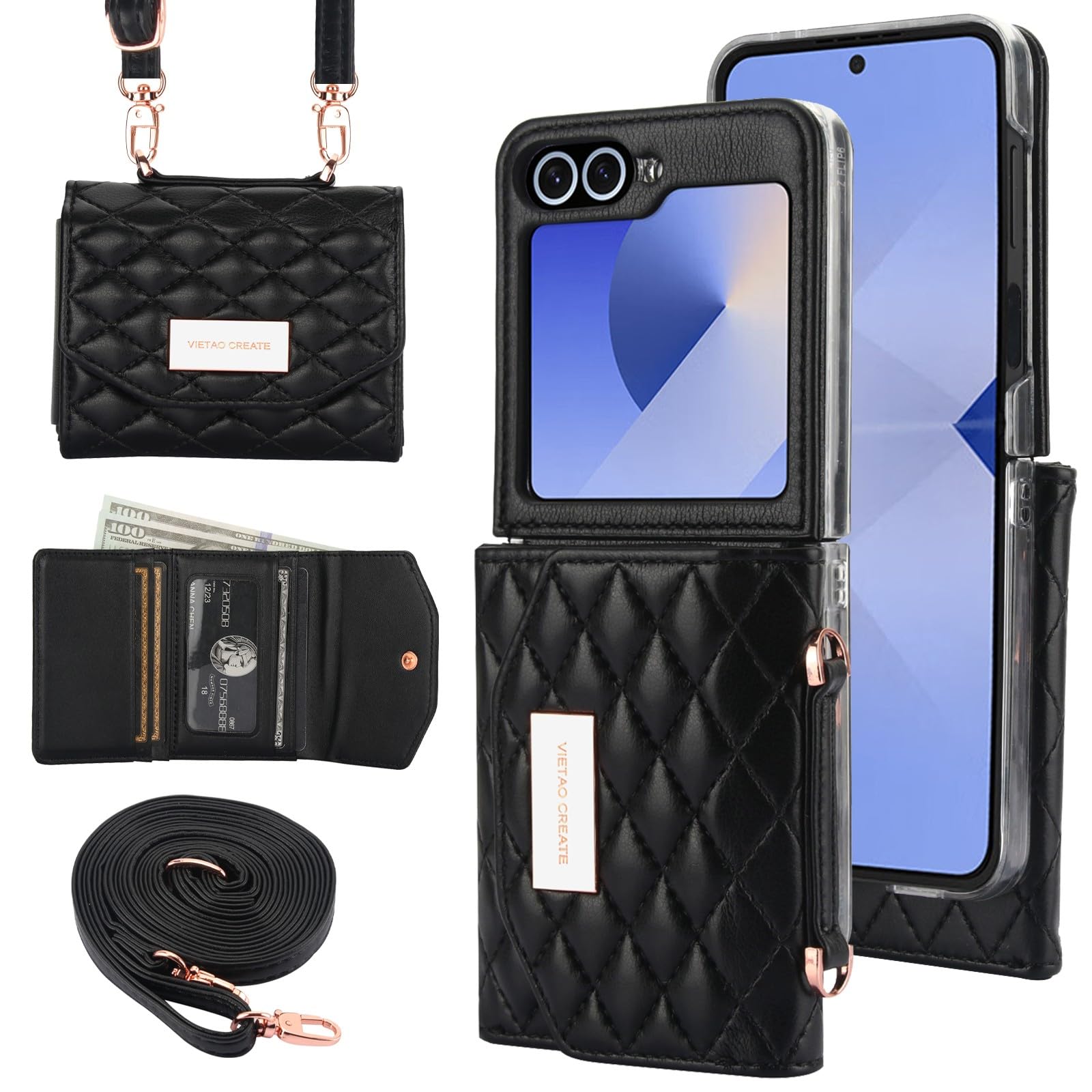 Samsung Galaxy Z Flip 7/6/5 Wallet Case with Built-in Leather Cash Slot and Credit Card Holder, Adjustable Crossbody Strap, Hinge Protection for Women Ladies - Image 12