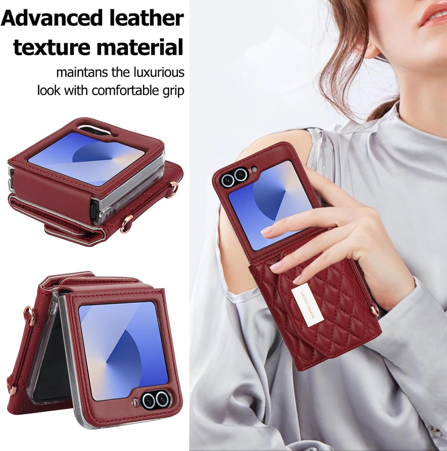 Samsung Galaxy Z Flip 7/6/5 Wallet Case with Built-in Leather Cash Slot and Credit Card Holder, Adjustable Crossbody Strap, Hinge Protection for Women Ladies - Image 6