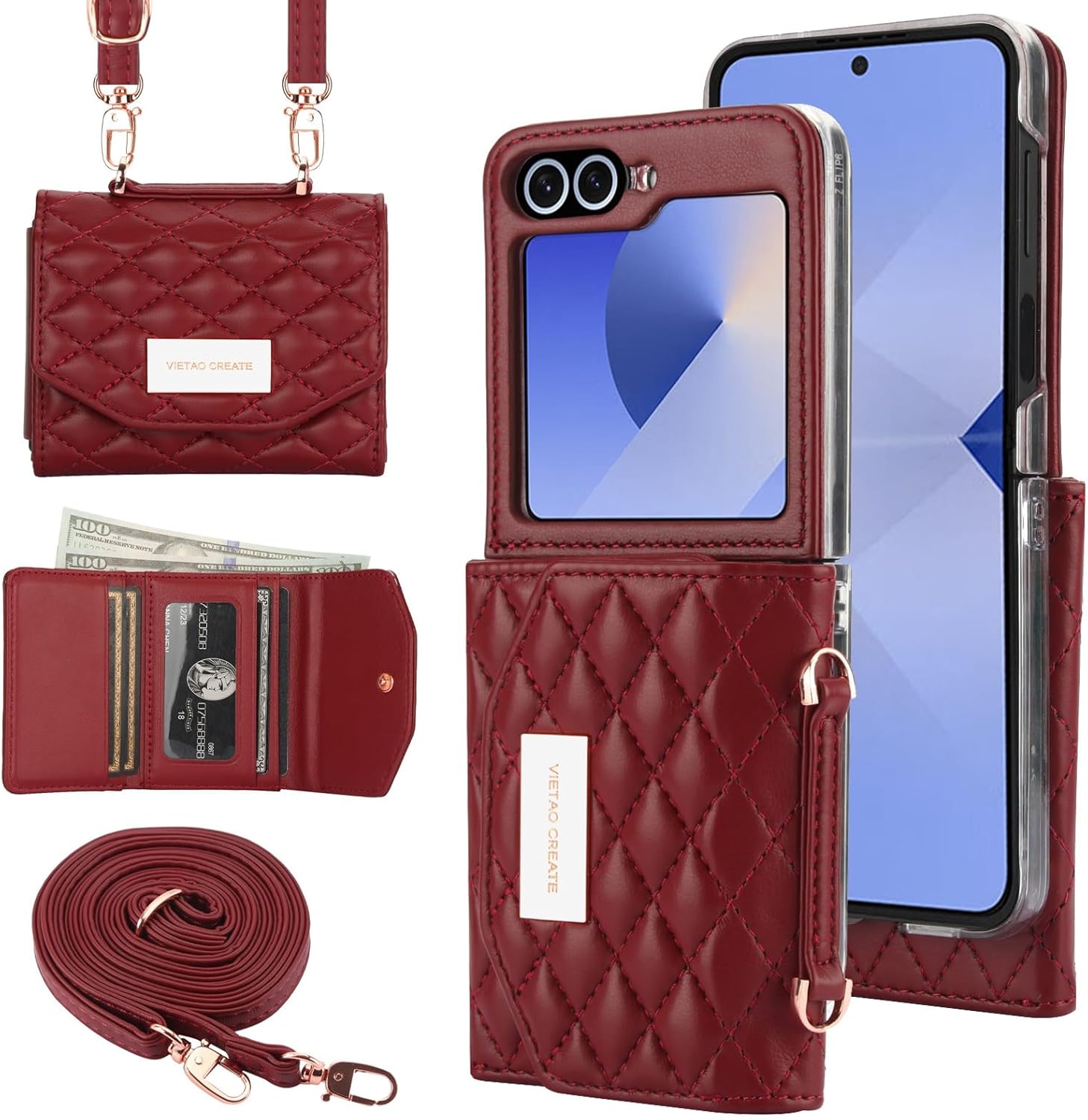 Samsung Galaxy Z Flip 7/6/5 Wallet Case with Built-in Leather Cash Slot and Credit Card Holder, Adjustable Crossbody Strap, Hinge Protection for Women Ladies - Image 13