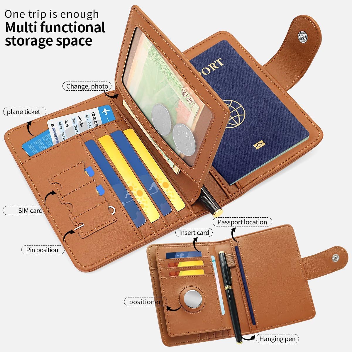 Passport Holder Wallet Bag with AirTag Holder, Card Slots and Passport Solt Ticket Cash Solt, Photo Solt Sim Card Pen Slot - Image 2