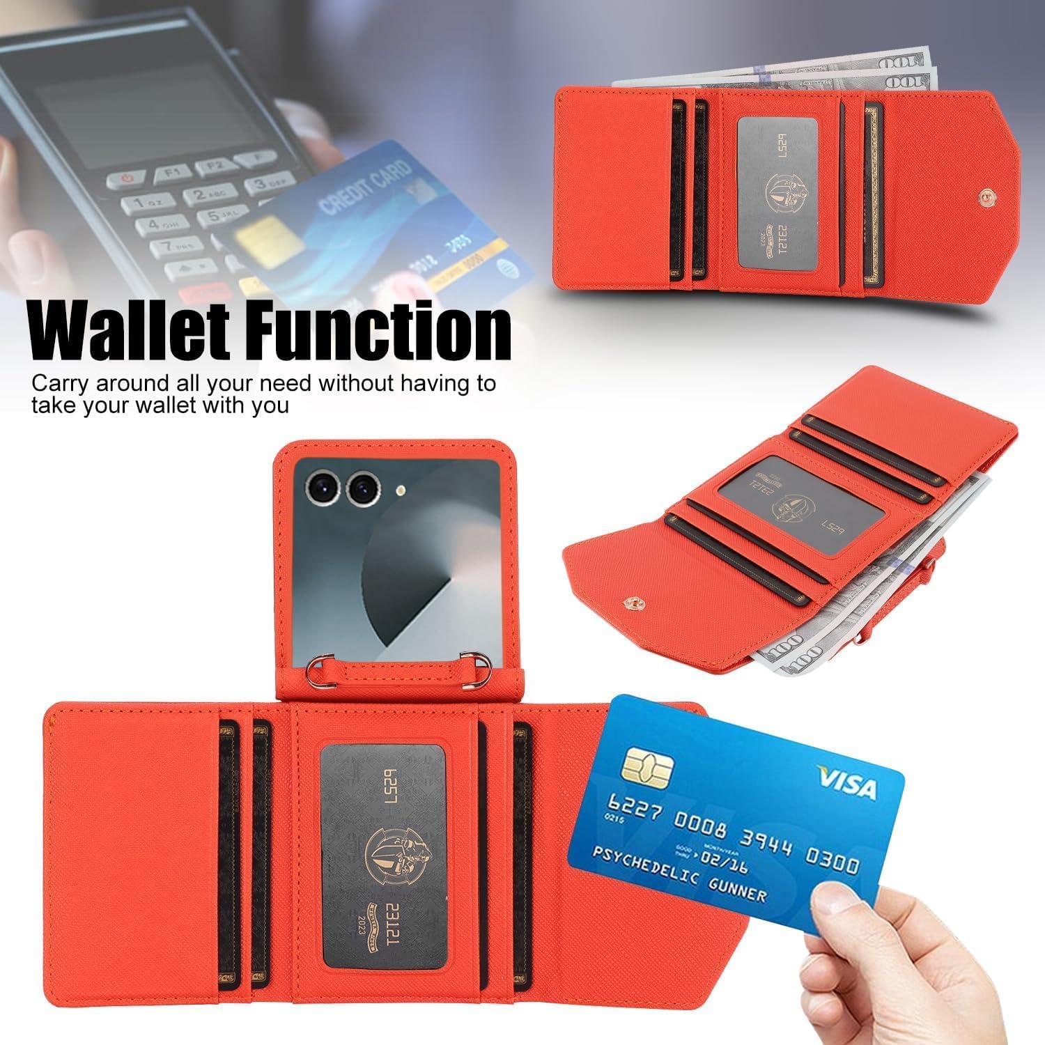 Samsung Galaxy Z Flip 7/6/5 Wallet Case with Built-in Leather Cash Slot and Credit Card Holder. Wristlet Strap and Hinge Protection, Carrying Handbag Phone Case for Women Ladies - Image 2
